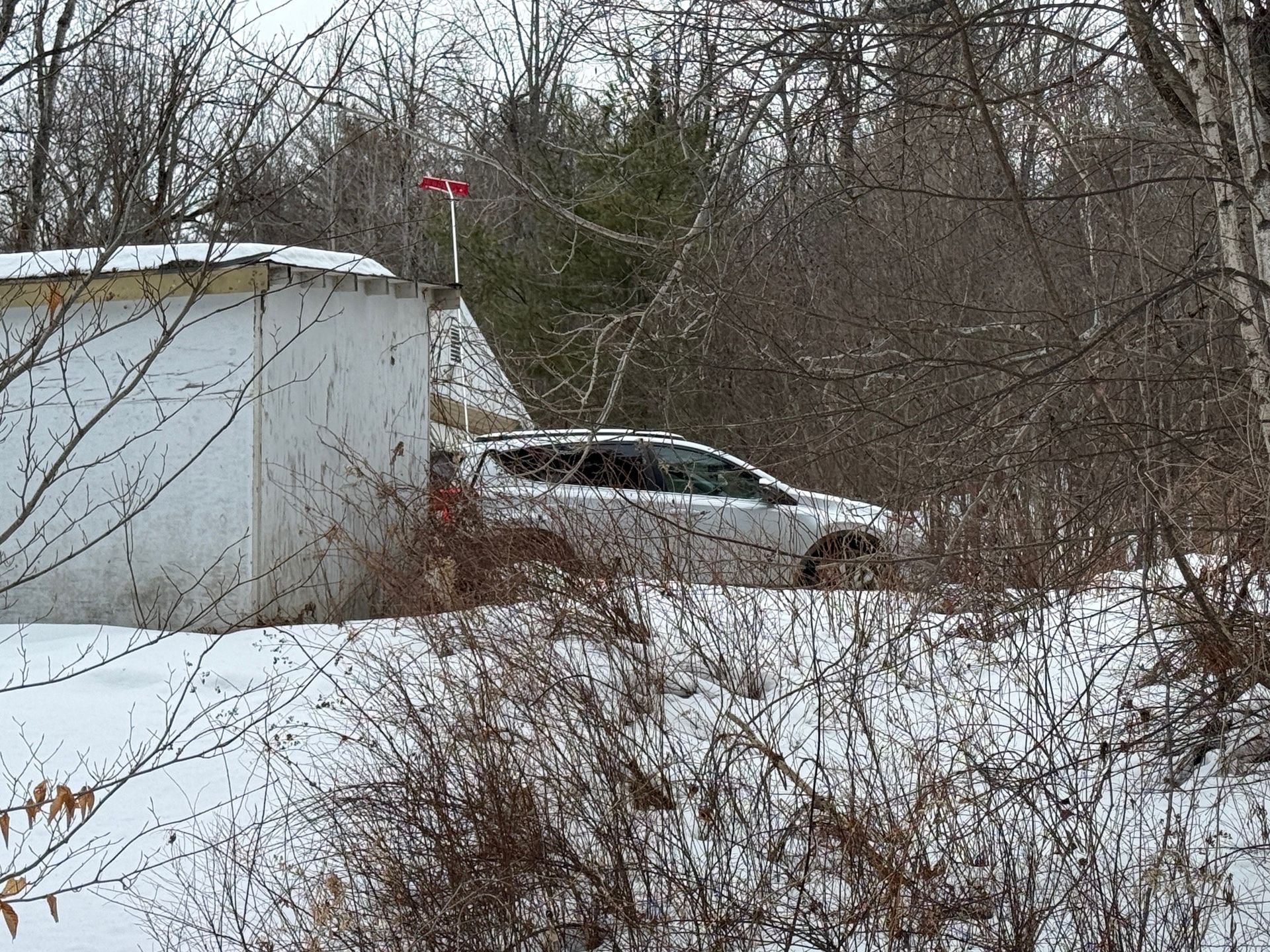 A silver SUV parked in a snowy, wooded area beside a small white storage shed.
