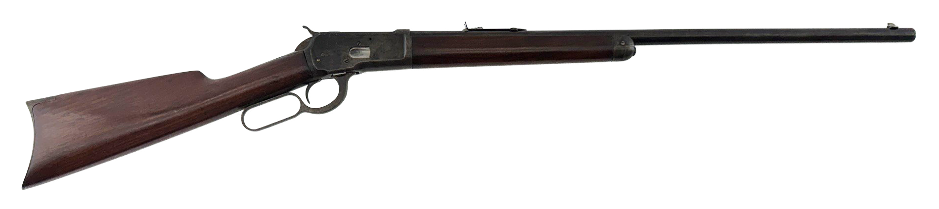 Side-view of a brown wooden rifle with a long black barrel on a white background
