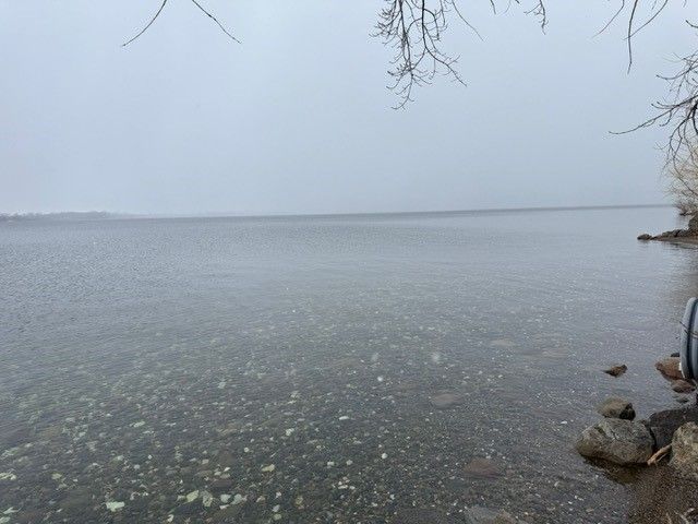 Calm, gray lake under an overcast sky. Pebbly shoreline and bare tree branches.