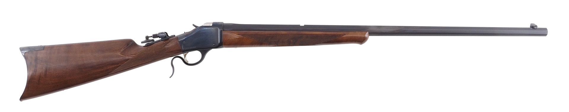 A lever-action rifle with a wooden stock and a dark metal barrel.