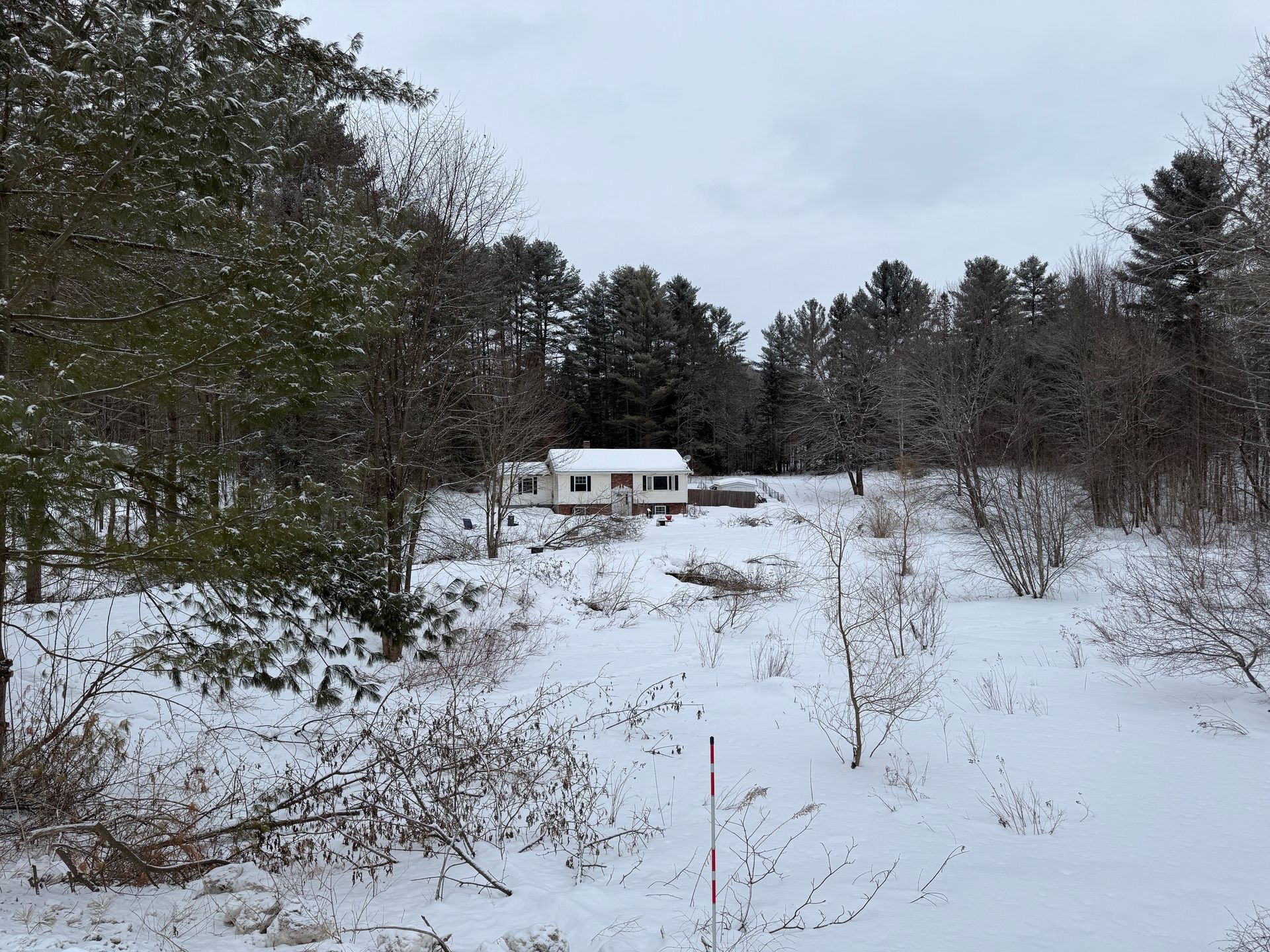 A snow-covered landscape with a small white house nestled among trees under an overcast sky.