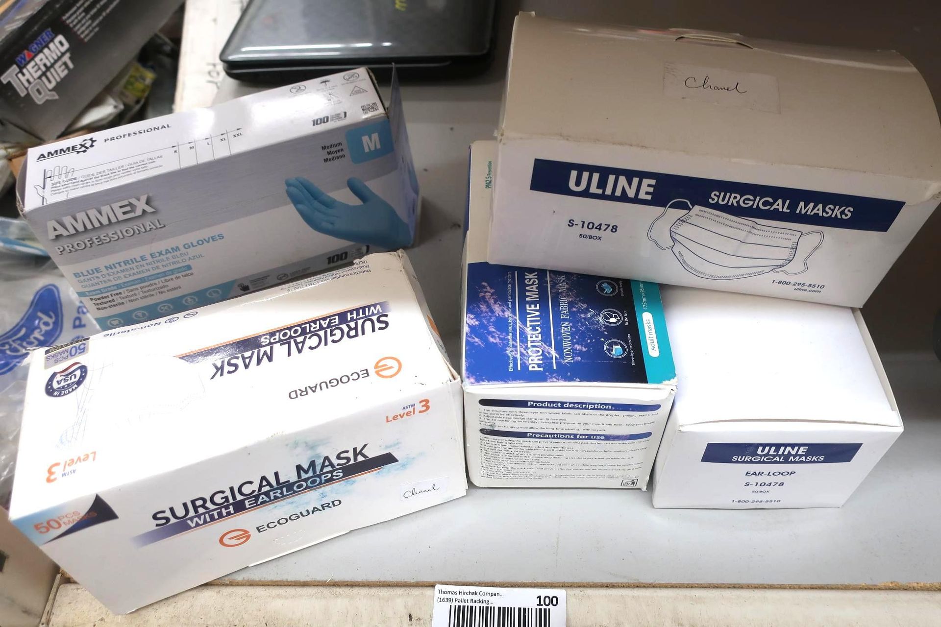 Boxes of medical masks and gloves.