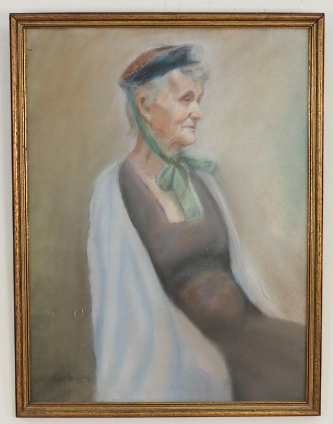 Portrait of an elderly person, wearing a dark dress, white shawl, and a hat with green ribbon, in a golden frame.