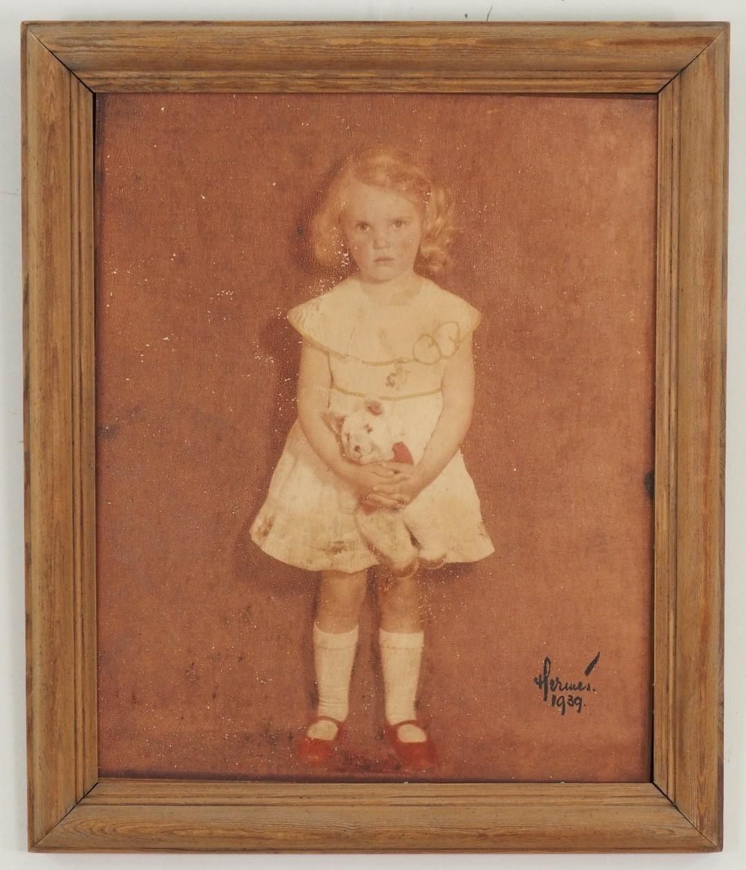A sepia-toned painting of a young child in a white dress and red shoes, holding a small stuffed animal.