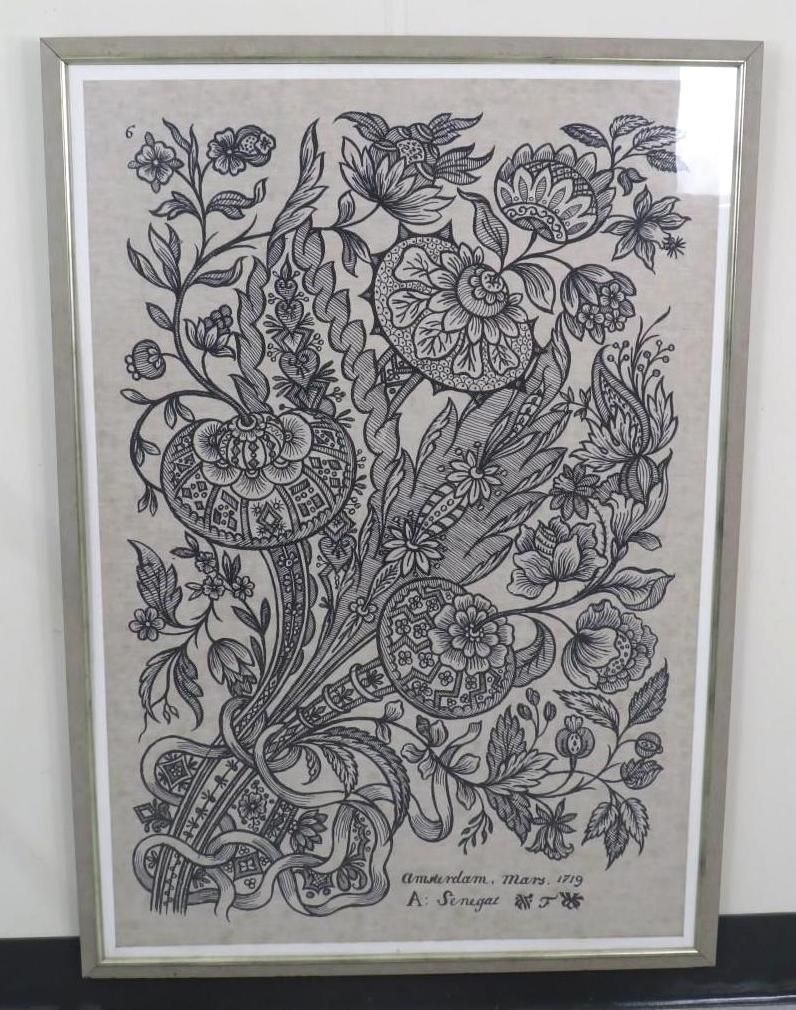 Framed floral art, black and white illustration on beige paper. Signed
