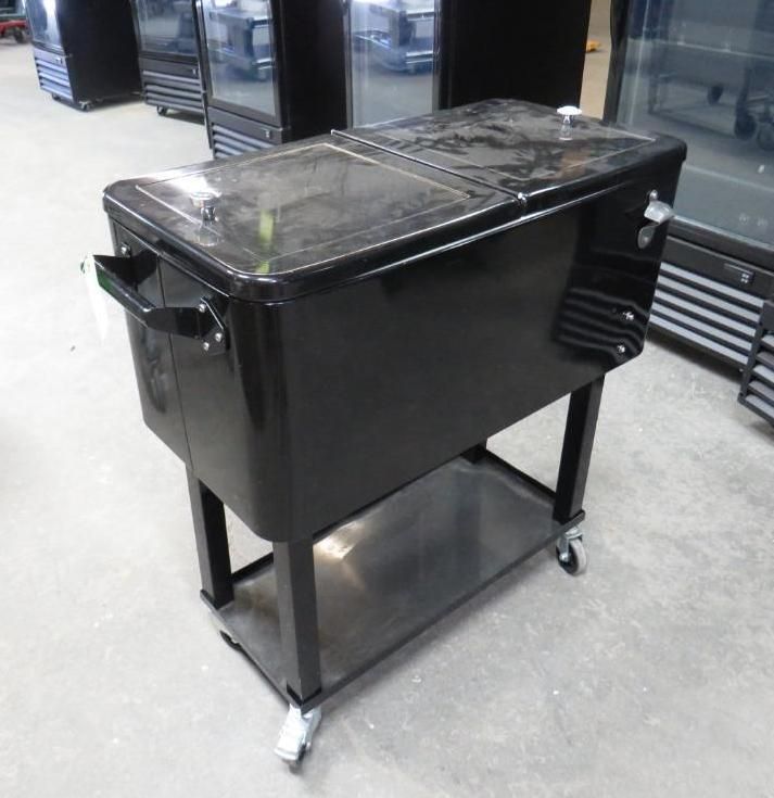 Black cooler with two lids, on a rolling cart.