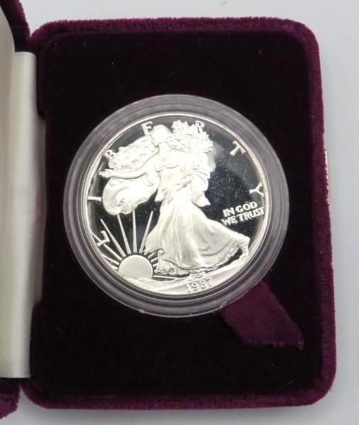 Silver coin in a protective case, displaying the Walking Liberty design.