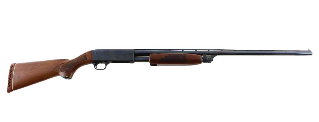 Pump-action shotgun with wooden stock and forend, set against a white background.
