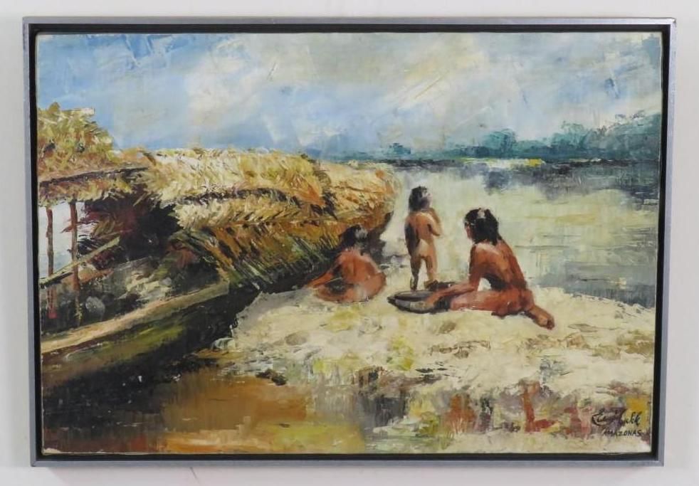 Painting of three figures near a waterway and a boat with a thatched roof, in an outdoor setting.