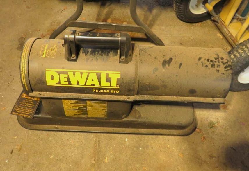 DeWalt 75,000 BTU kerosene space heater. Yellow and black, with a handle and wheels.