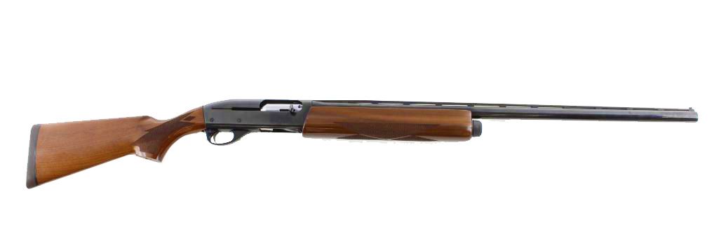 Shotgun with wooden stock and forearm, against a white background.