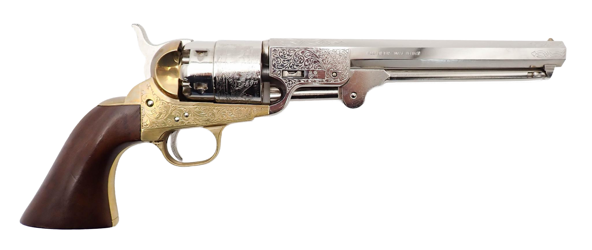 Antique silver revolver with engraved barrel and wooden grip on a white background