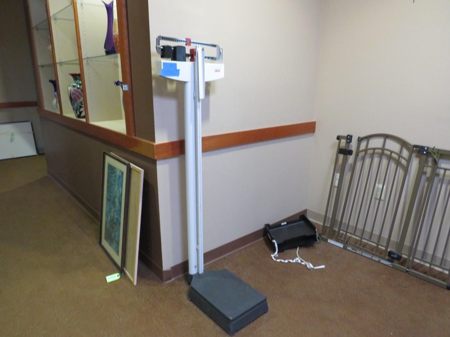 Standing scale in a room with a framed picture, glass display cabinet, and a metal baby gate.