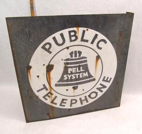 Vintage Bell System Public Telephone sign; white circle with black bell icon and text.