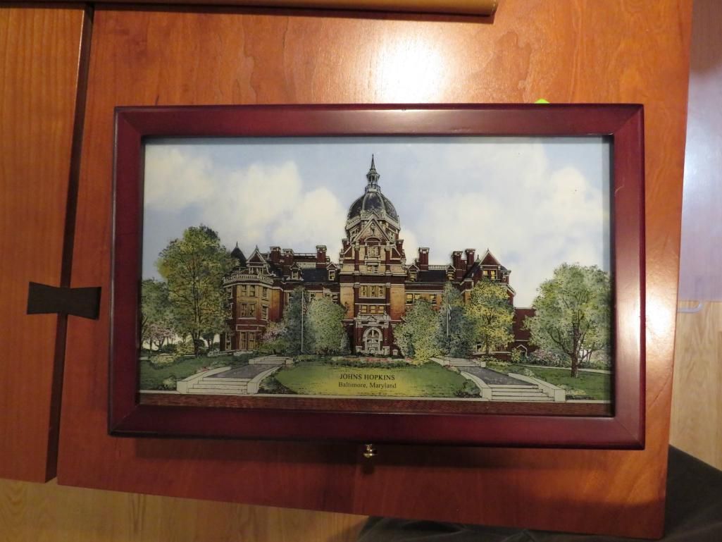Framed artwork of a building with a dome, surrounded by trees, possibly a government building.