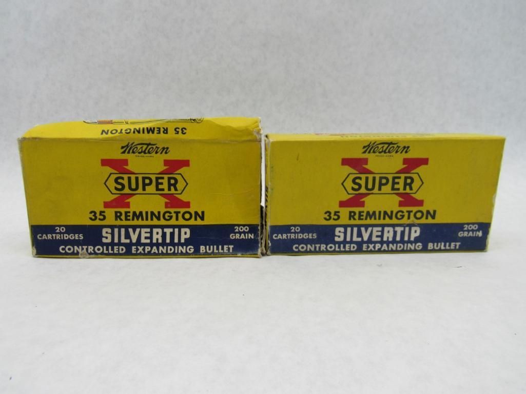 Two yellow boxes of .35 Remington Silvertip ammunition. Each box has a red