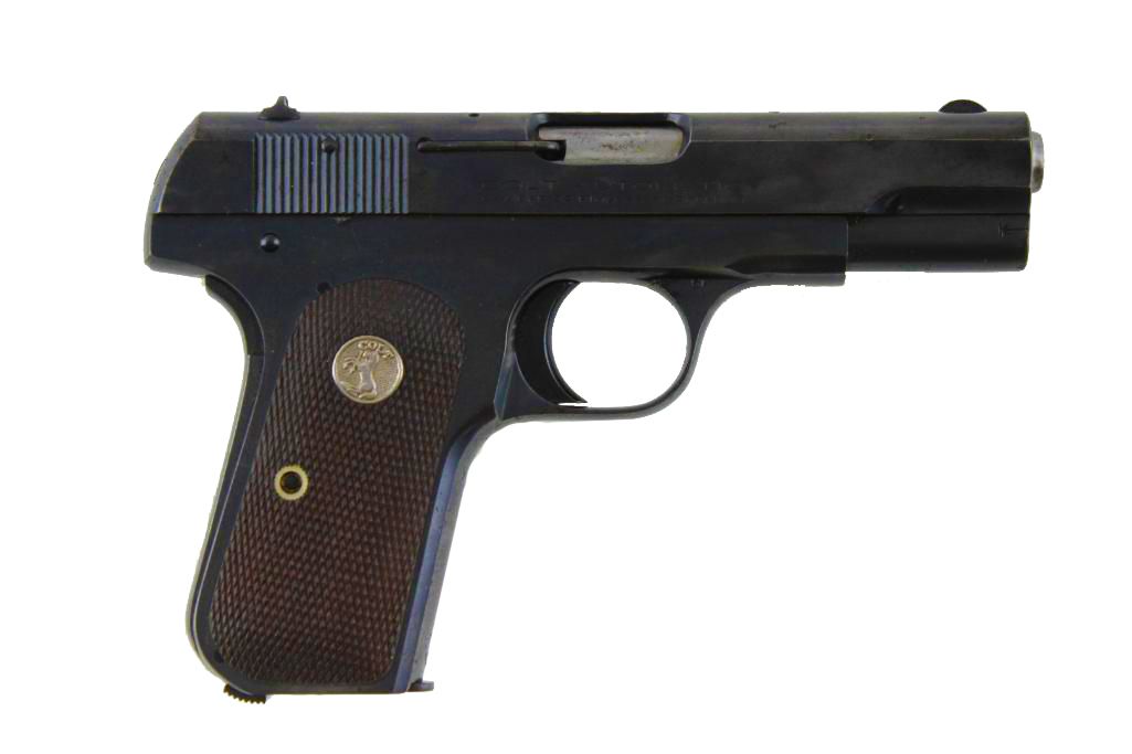 Black Colt Model 1903 pistol with a dark wooden grip.