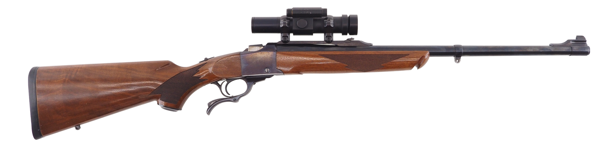 Brown and black rifle with scope.
