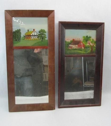 Two rectangular mirrors with painted landscape scenes at the top and reflective surfaces below.