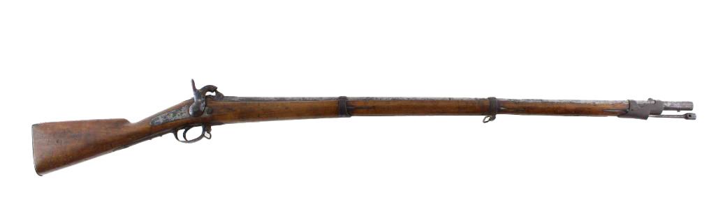 A long brown antique rifle with a wooden stock on a white background.