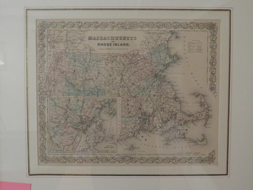 Framed antique map of Massachusetts and Rhode Island. Brown, green, and pink tones.
