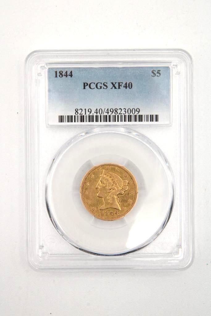 Gold coin in a PCGS holder, graded XF40, from 1844.