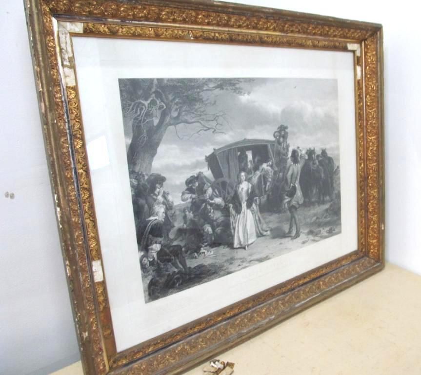 Black and white print in a gold frame. A carriage with figures stand outside. Others watch nearby.