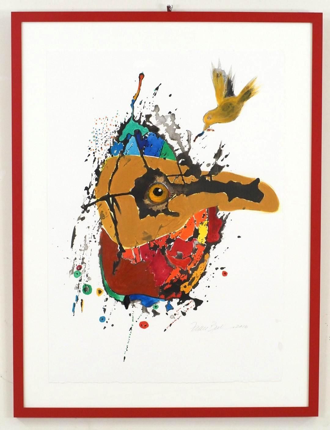 Colorful abstract bird artwork with splashes of paint and a yellow bird.