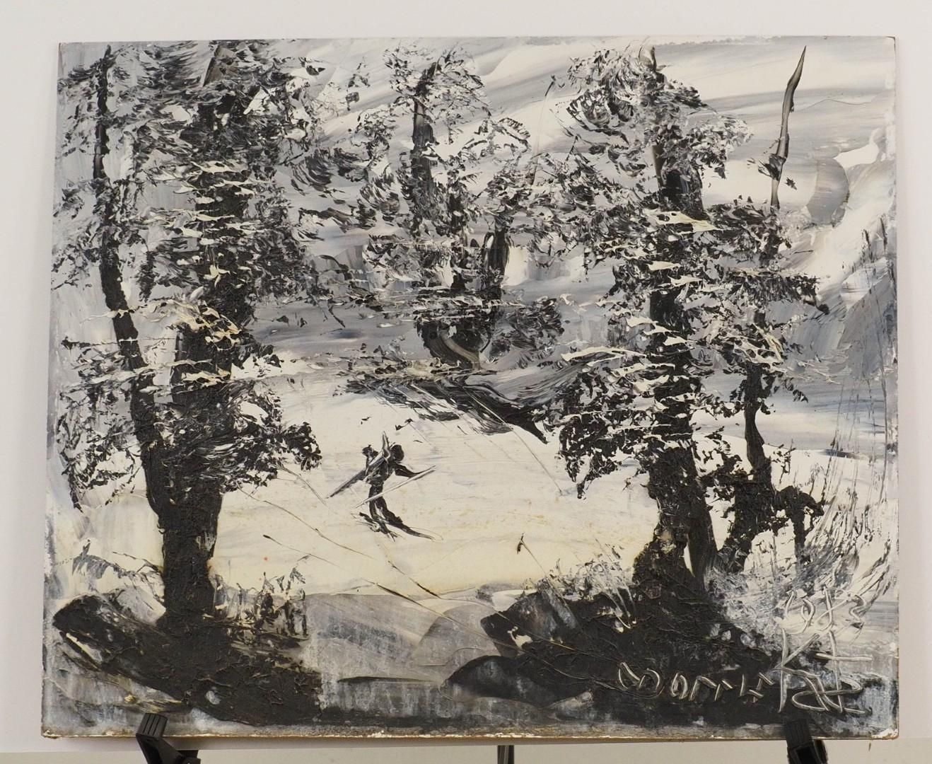 Black and white painting of a skier on a snowy hillside, surrounded by trees.