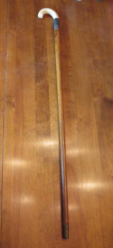 A wooden walking stick with a curved ivory-colored handle, resting on a wooden surface.