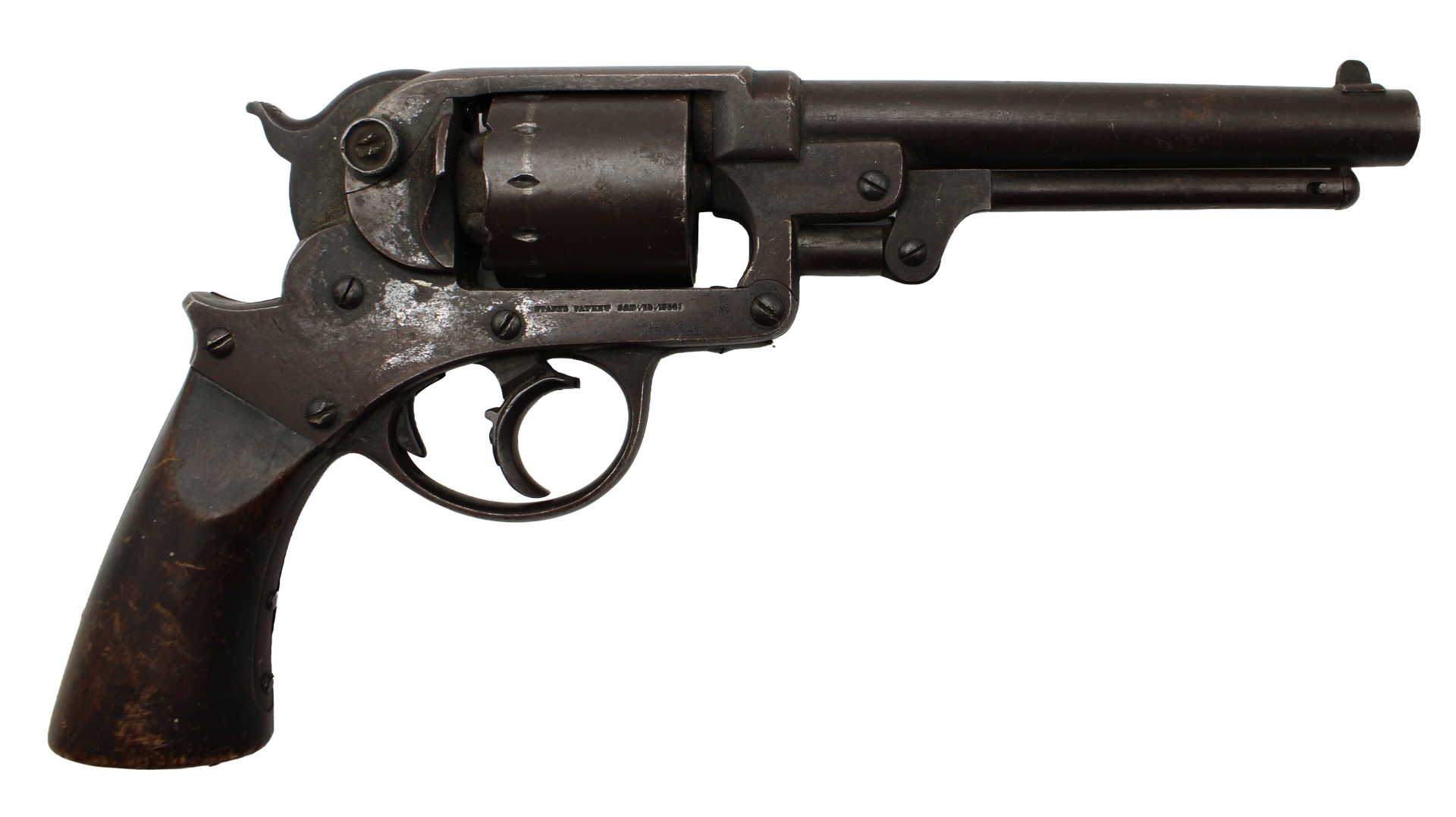 Dark, antique revolver with a wooden handle.