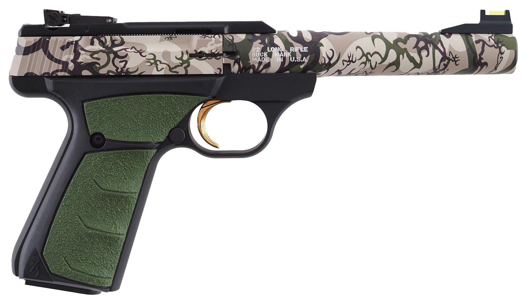 Pistol with camouflage pattern barrel and green grip. Black frame and gold trigger.