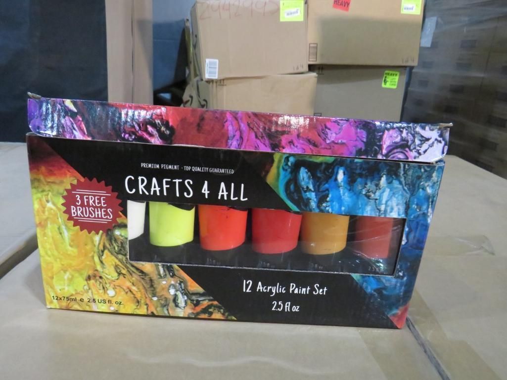 Crafts 4 All acrylic paint set box with twelve colorful tubes, with boxes in the background.