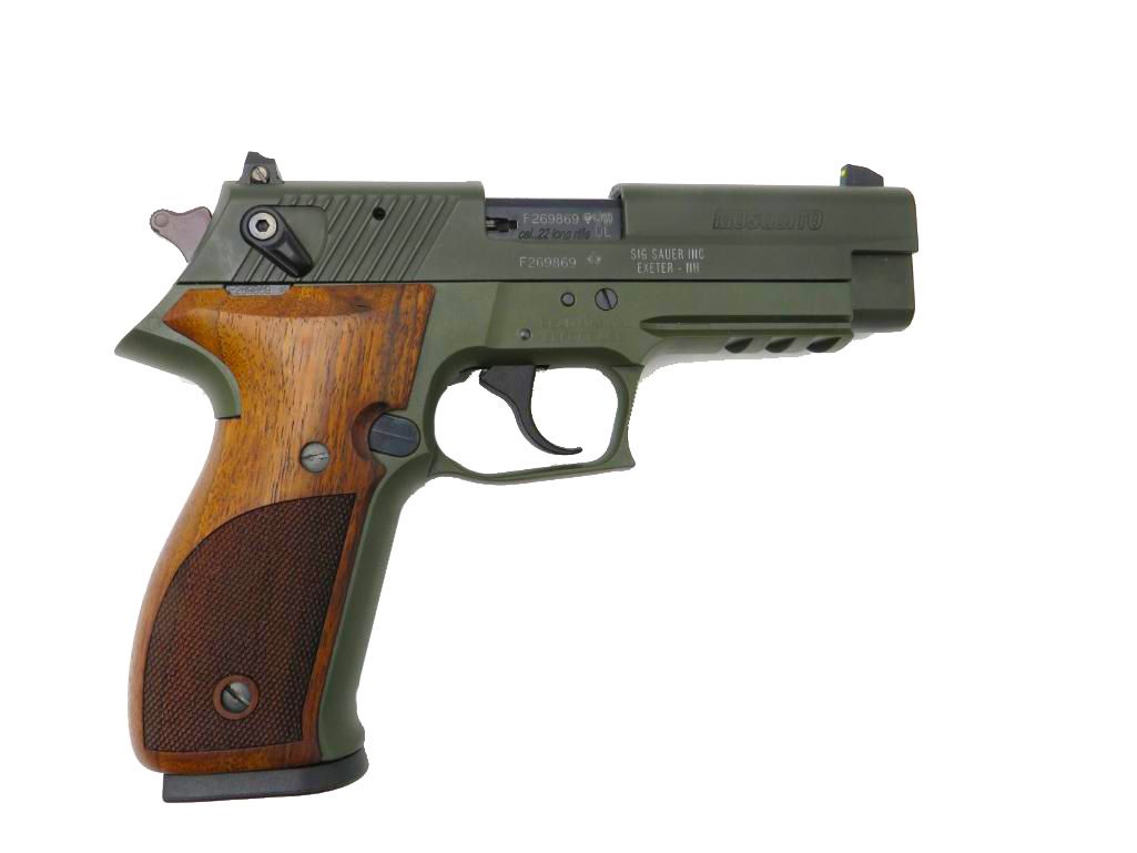 Olive green handgun with wood grip.