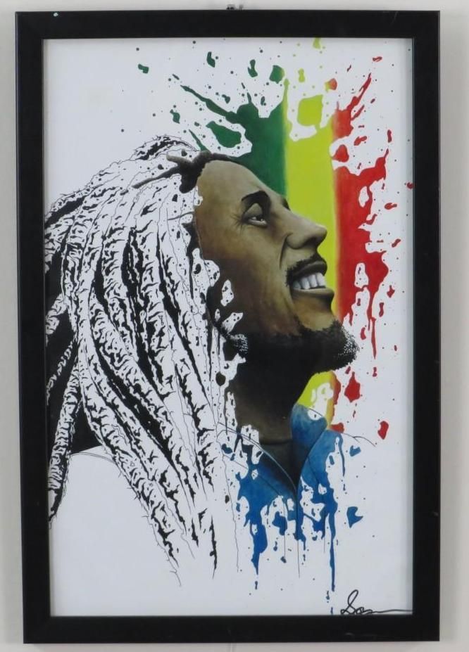 Bob Marley portrait with dreadlocks, smiling, against a green, yellow, and red color splash in a black frame.