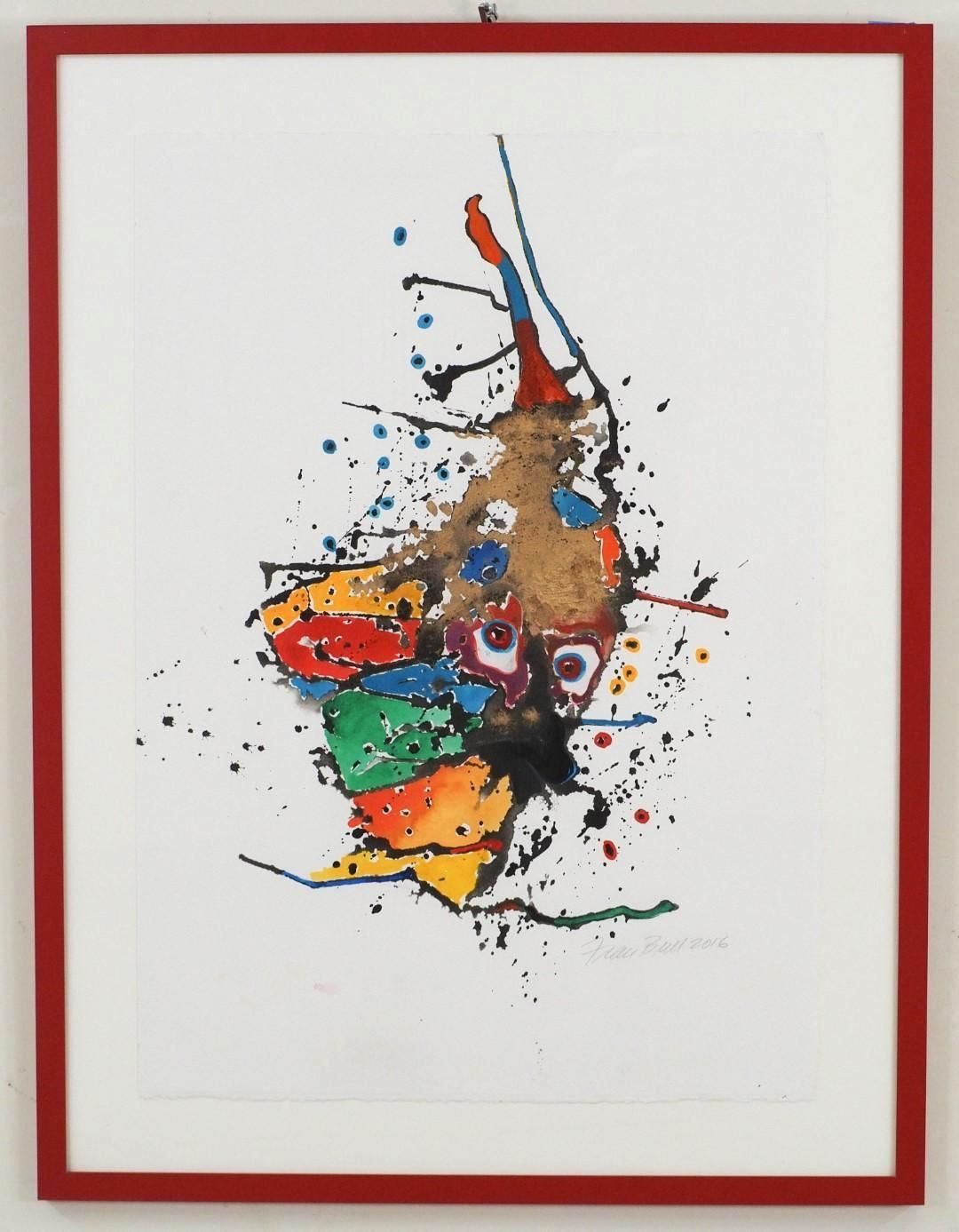 Abstract artwork of colorful paint splatters, resembling a face, framed in red.