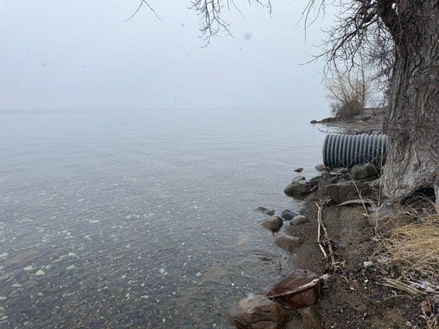 Lake scene with a large drainpipe on the shoreline under a gray sky.