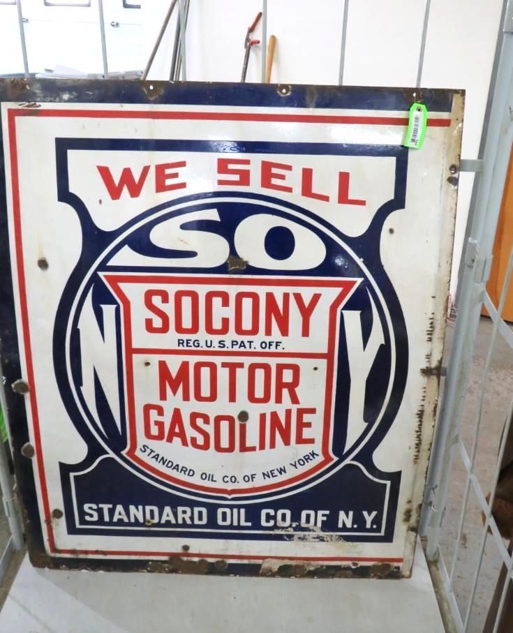 Vintage Socony Motor Gasoline sign: white, blue, red lettering;