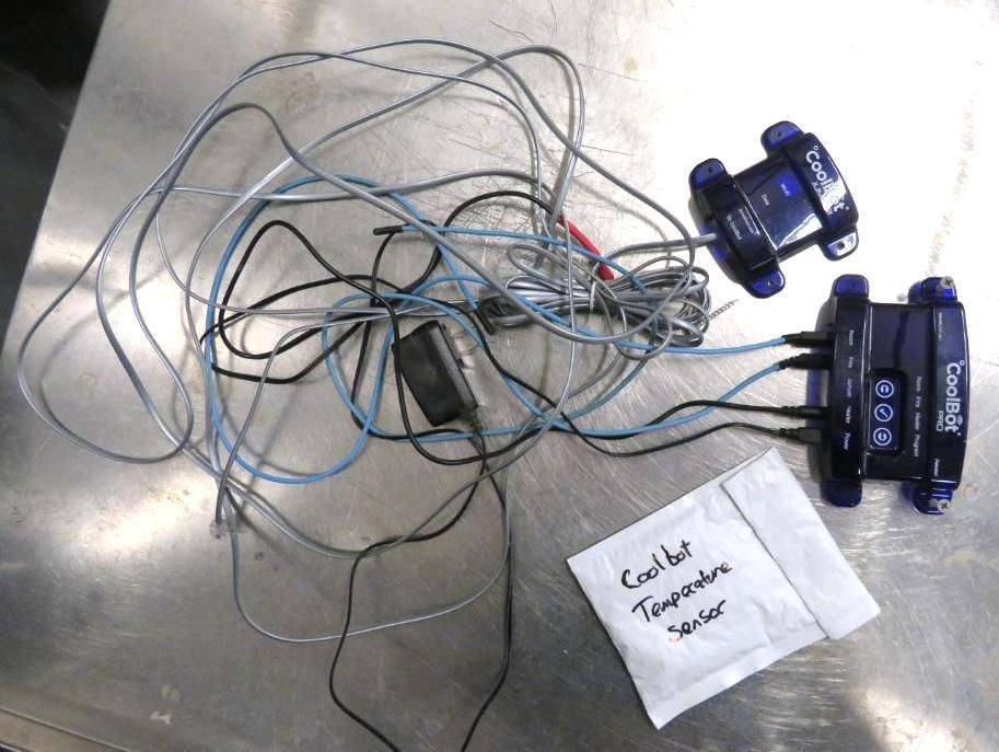 Two black temperature monitors with wires, a power adapter, and a packet labeled