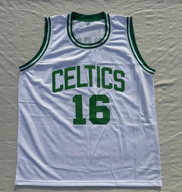 White Boston Celtics basketball jersey with green lettering and trim, number 16.