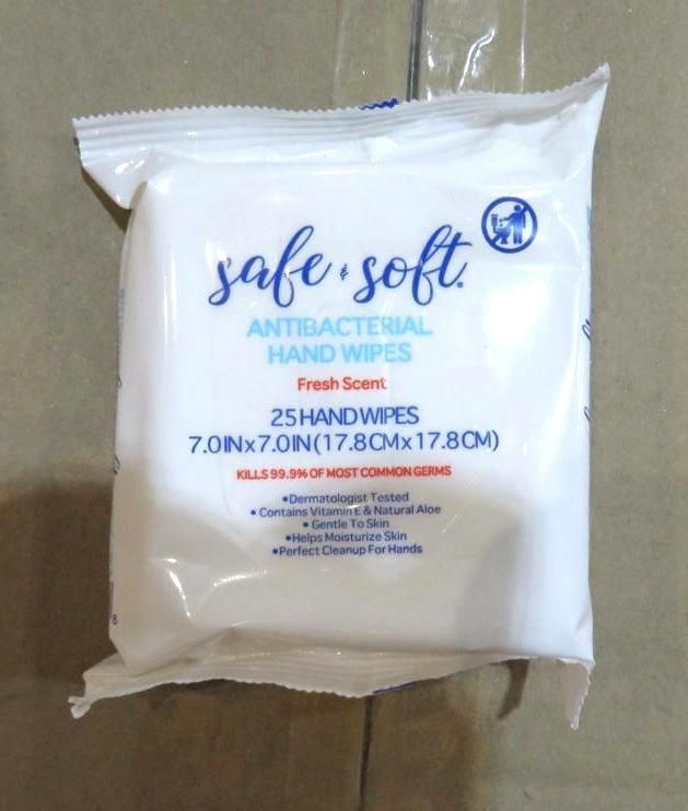 White package of antibacterial hand wipes, labeled