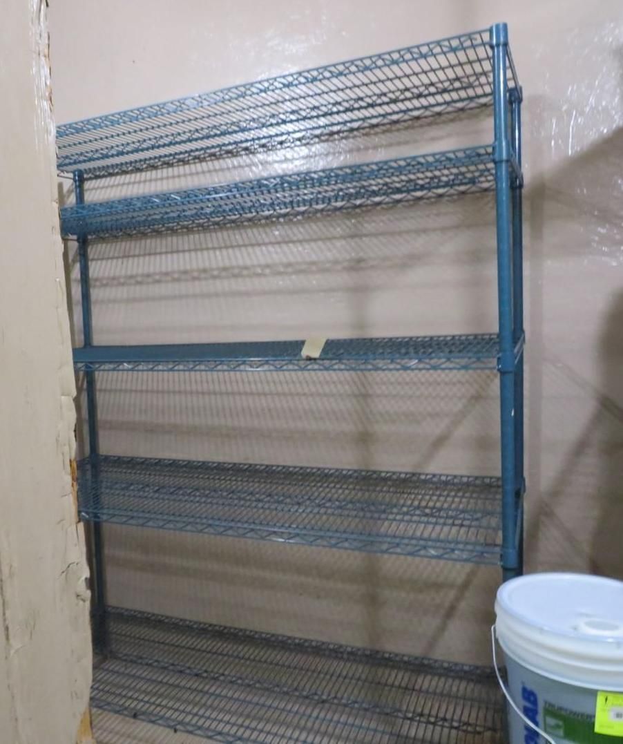 Blue wire shelving unit against a wall.