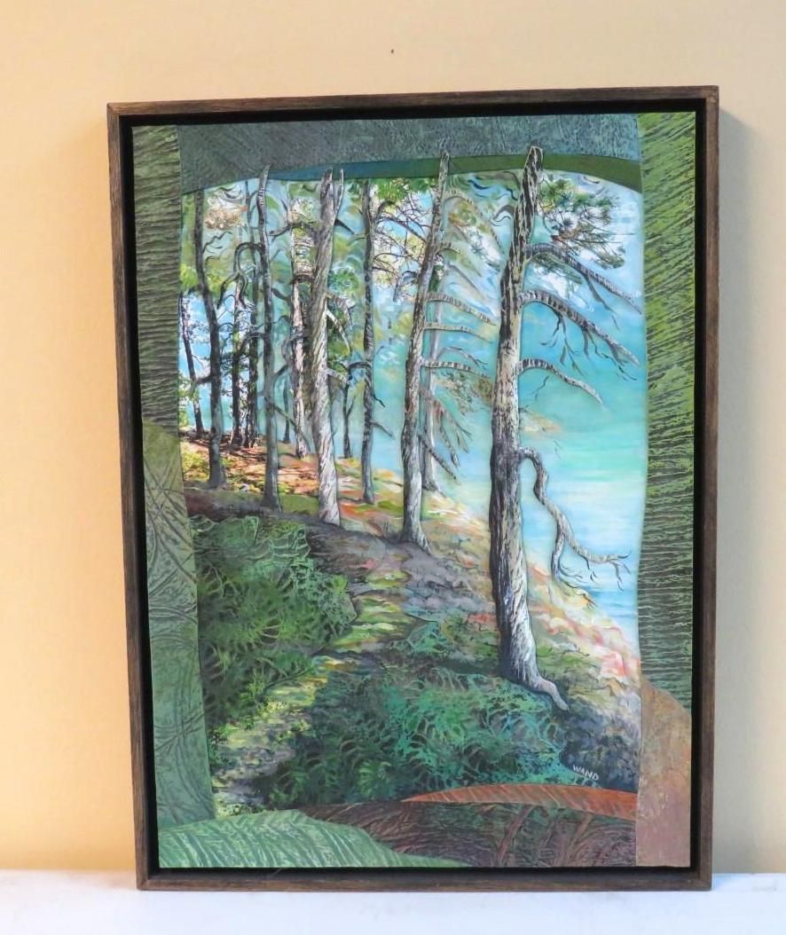 Forest painting, trees on a cliff edge, overlooking a blue body of water, in a framed artwork.