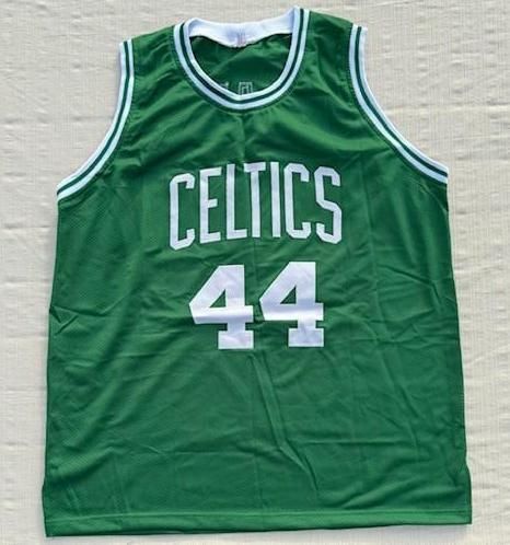 Green Boston Celtics jersey with white lettering and the number 44.