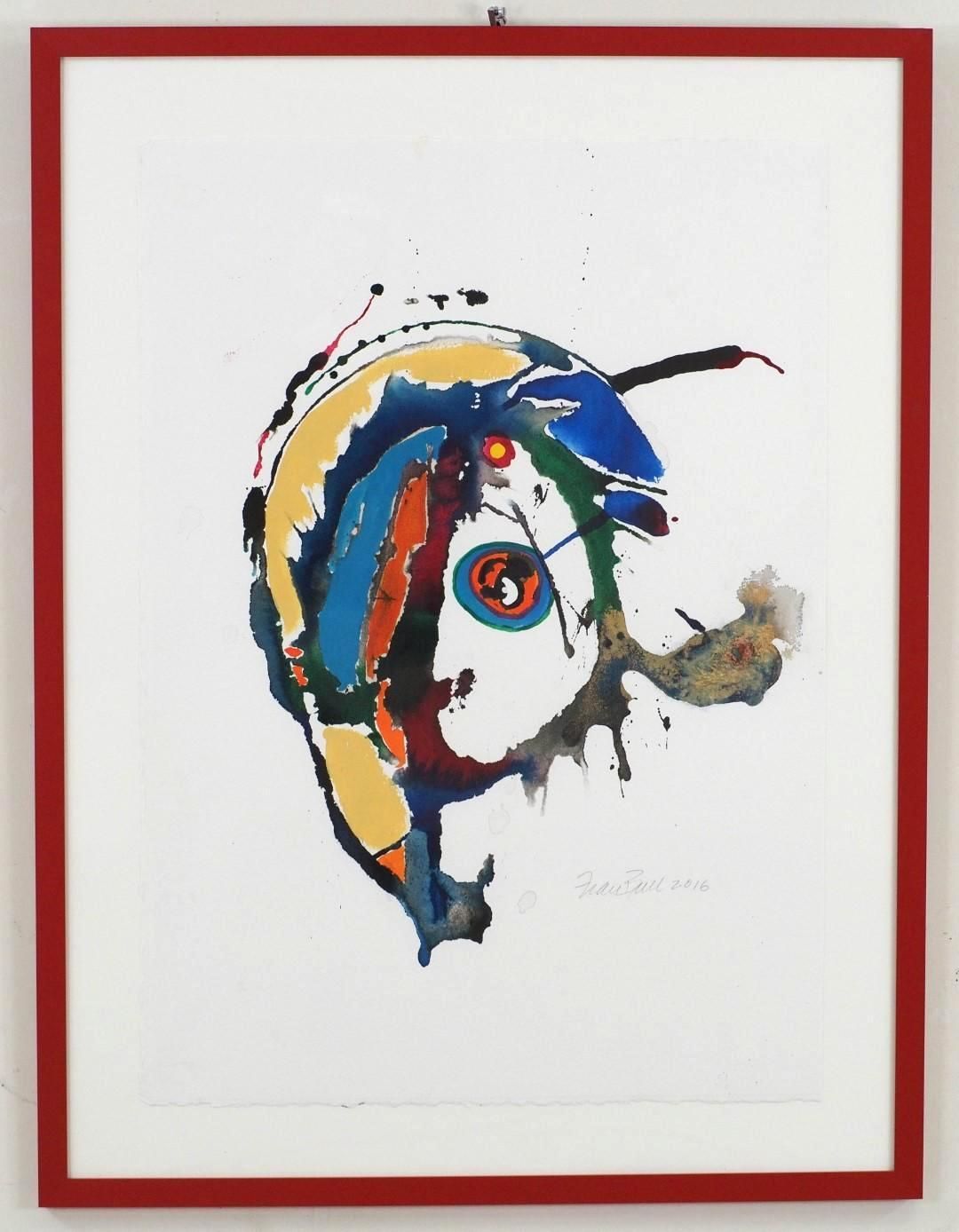 Abstract watercolor painting of a head shape with colorful splatters and drizzles on a white background, in a red frame.