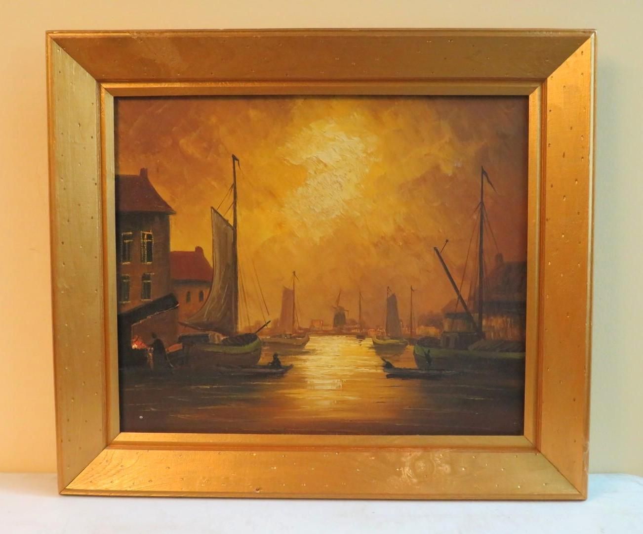 Oil painting of a harbor at sunset, boats and buildings in golden light.