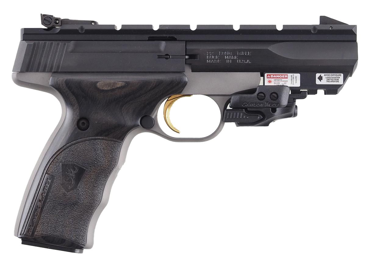 Pistol with black and silver body, wood-like grip, and a red laser sight attached.