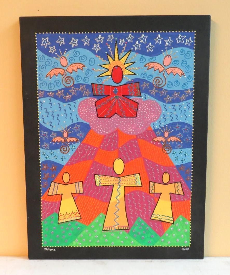 Colorful folk art painting of figures with outstretched arms, beneath a sun and angels.