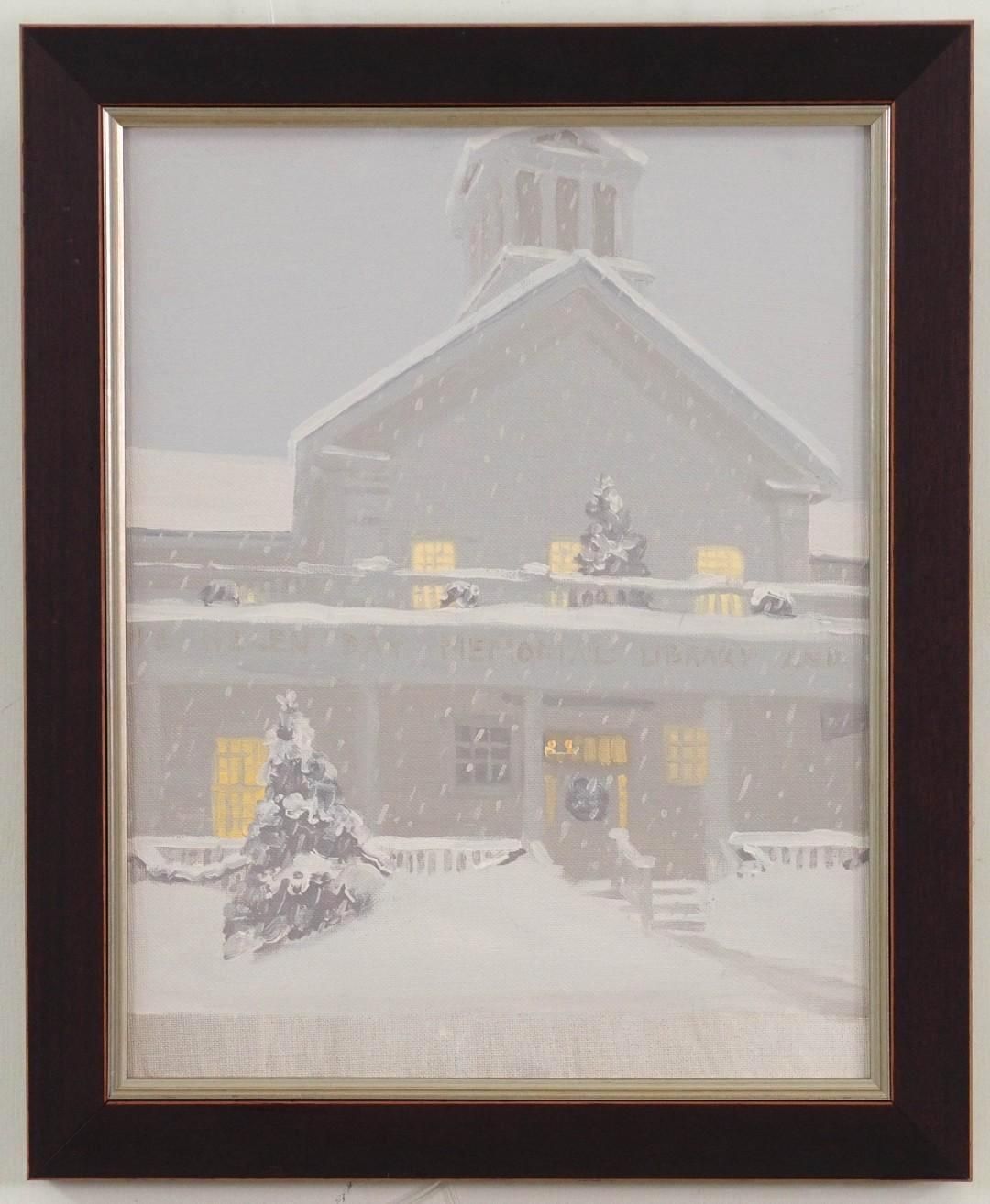 Snowy scene of a building with glowing windows, framed in brown. A snow-covered fir tree is in the foreground.