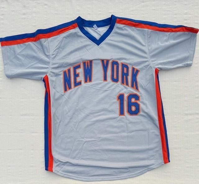 Light gray New York baseball jersey with blue and orange accents, the words